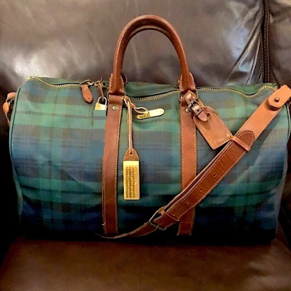 RALPH LAUREN Black Watch Plaid Duffle Boston Travel Shoulder Bag 48cm